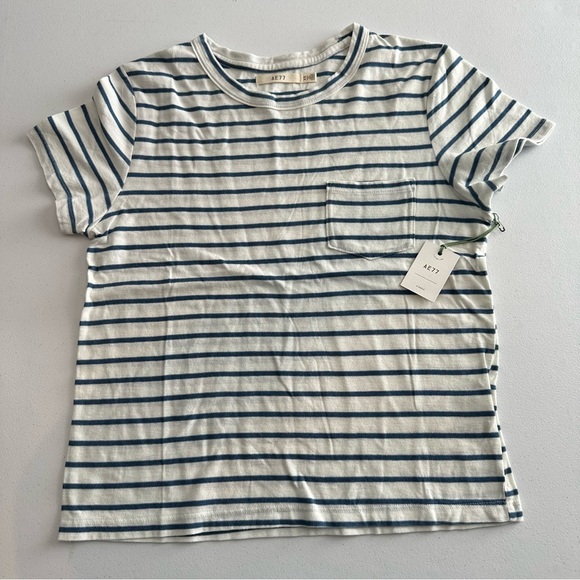 AE77 American Eagle Premium Boxy Cropped Crewneck T-Shirt in Navy/White Size XS - Picture 1 of 4